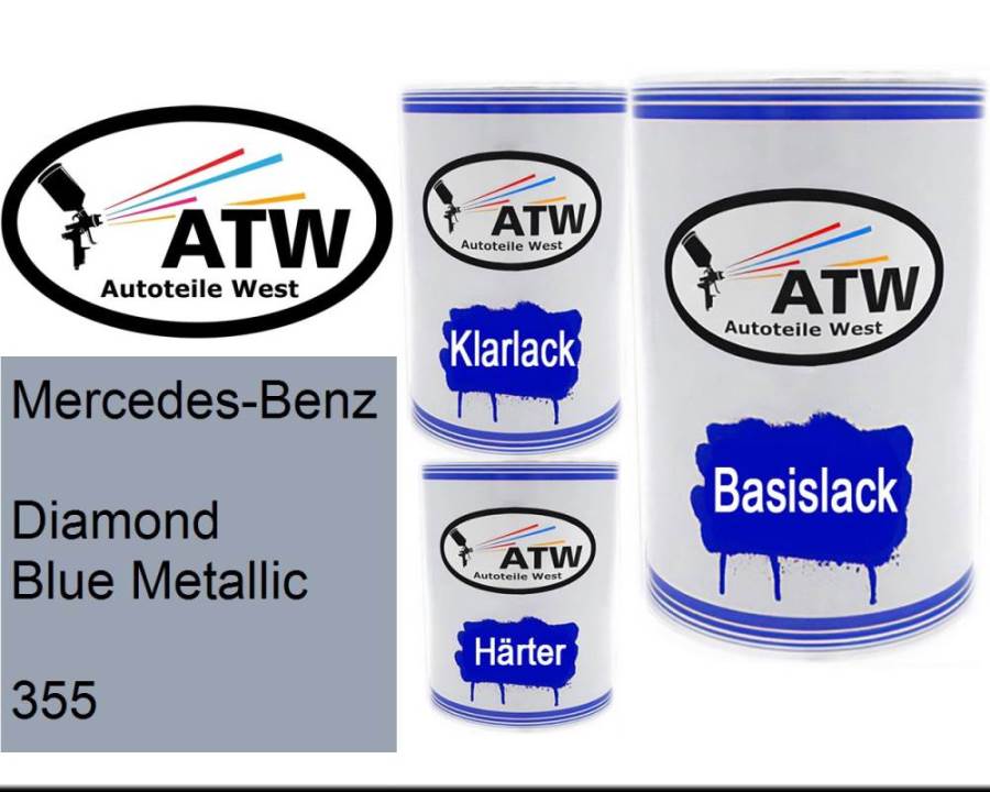 Mercedes-Benz, Diamond Blue Metallic, 355: 500ml Lackdose + 500ml Klarlack + 250ml Härter - Set, von ATW Autoteile West.